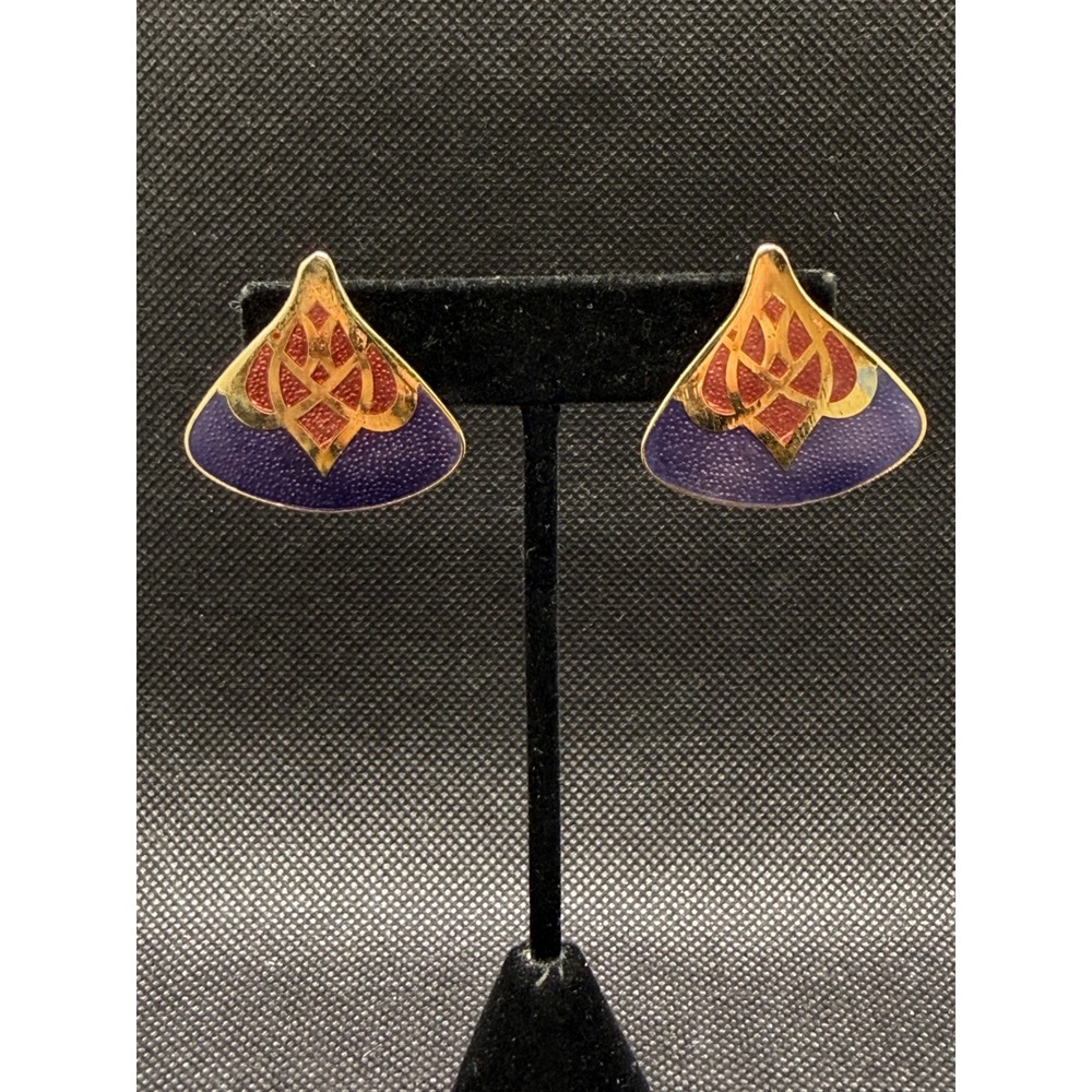 Two Sisters Vintage Enamel Fan Stud Earrings Gold Tone Purple Red Geometric
